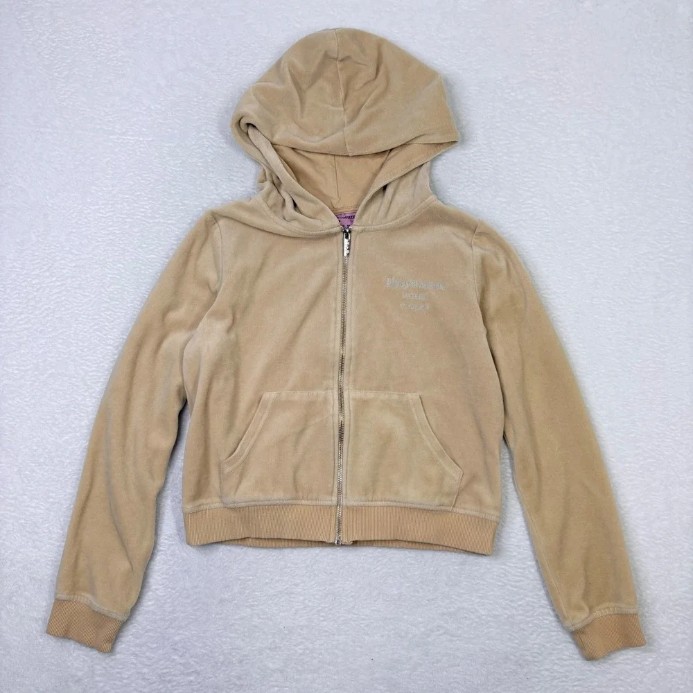 Juicy Couture x Forever 21 Velour Zip‎ Hoodie Medium Bling Sparkle Logo Beige